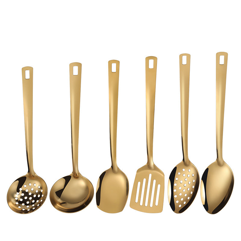 6-Piece Stainless Steel Serving Set – Gold, Black & Silver, Includes Spatula, Rice Spoon, Skimmer & Soup Spoon – Mirror-Polished, Dishwasher Safe, Ideal for Buffets & Banquets