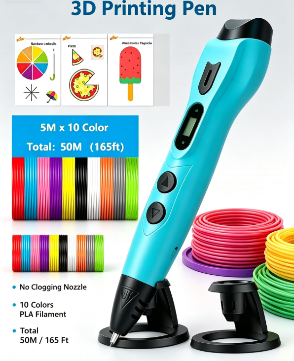 3DLNK 3D Printing Pen – No-Clog Nozzle, 10 Colors PLA Filament (50M), Storage Bag & Gift Box