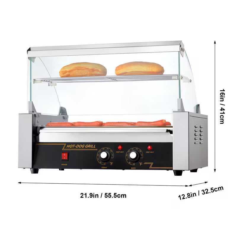 7-Roller Hot Dog Machine – 18 Hot Dogs, 1400W, Dual Temp Control with Bun Warmer & Glass Hood