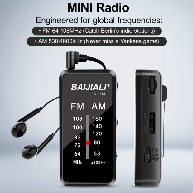 Compact Portable Global AM/FM Radio – 2 x AAA Batteries, 3.5mm Headphone Jack, Built-in Back Clip (Black)