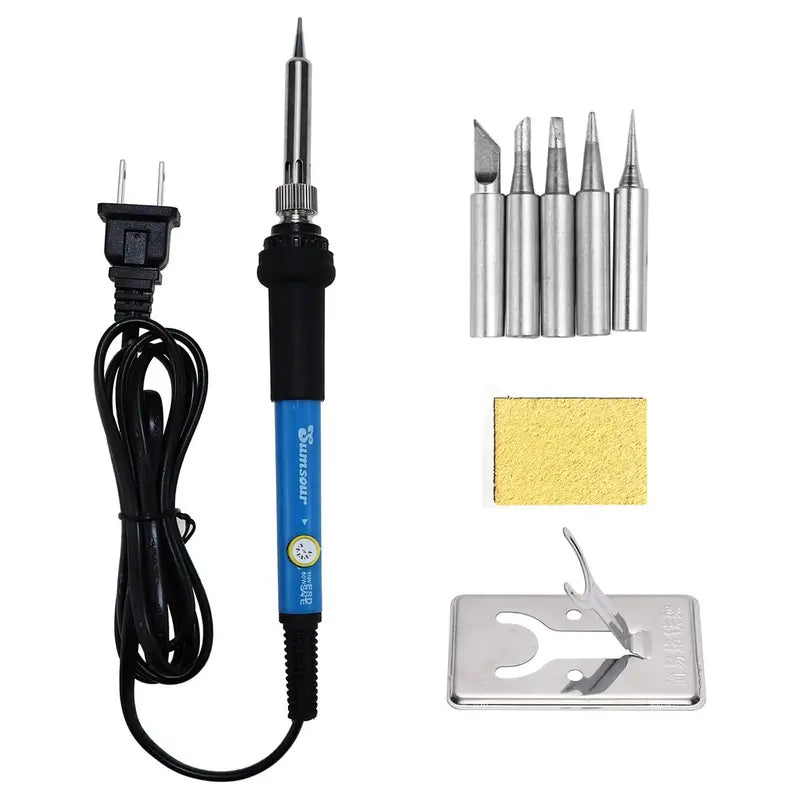 Adjustable Temperature Electric Soldering Iron Set – 110V 60W, 200–450°C, Includes 5 Tips, Stand & Cleaning Sponge