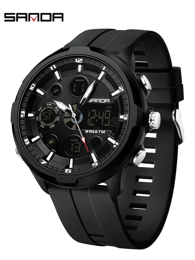 Men's Fashion Quartz Analog-Digital Watch – Casual Round Dial with Luminous Alarm, Water-Resistant Multifunctional Wristwatch with Box