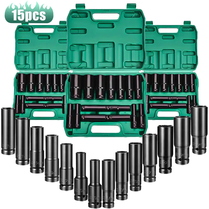 20-Piece 1/2-Inch Power Sleeve Tool Set 8-32mm - Impact Wrench Adapter, Long Reach Thin Wall Steel Sockets with Storage Box for Automotive, Industrial and DIY Use