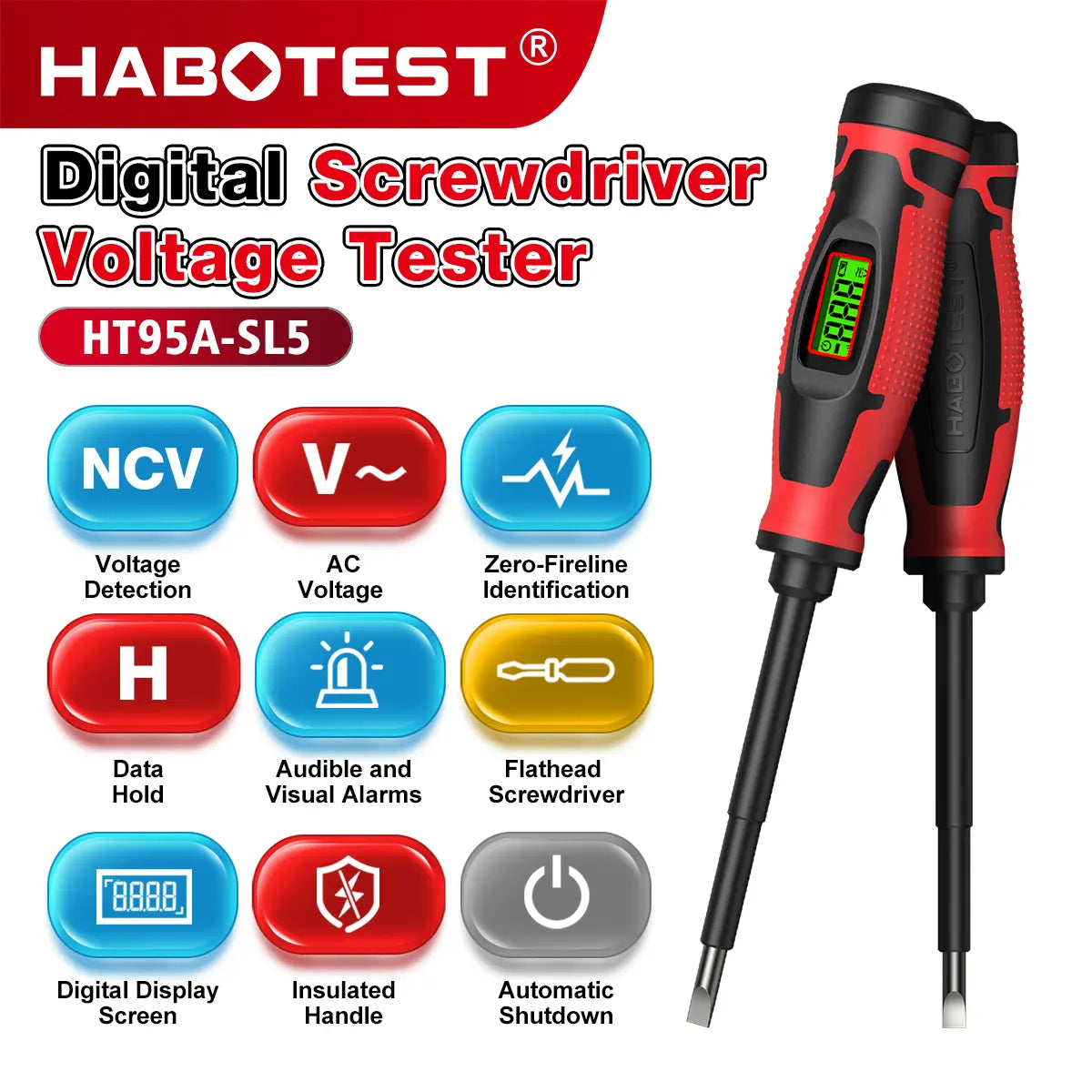 HABOTEST HT95A-SL5 Voltage Tester Screwdriver - 2-in-1, 6V-390V AC, NCV, LCD Screen