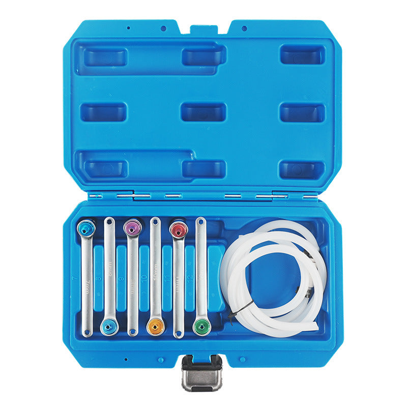 Brake Bleeder Wrench Set – 7-12mm (7/8/9/10/11/12) 12-Point Wrenches, Adapter Sockets & Drain Hose with Check Valve, for Brake & Clutch Fluid Bleeding