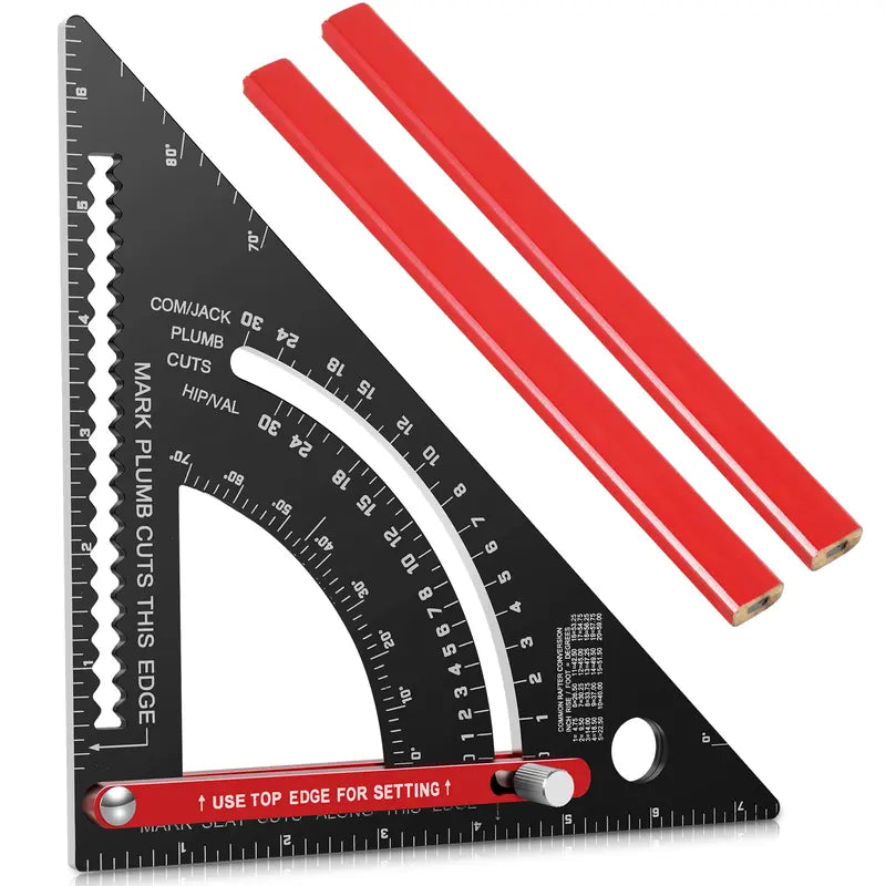 7 Inch Aluminum Carpenter Square, Woodworking Adjustable Rafter Framing Square, Measuring Angle Large Triangle Ruler Layout Tool, Multifunctional Carpentry Square, Gift for Carpenters, Includes 2 Pencils for Measuring