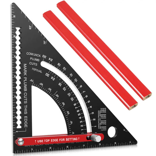 7 Inch Aluminum Carpenter Square, Woodworking Adjustable Rafter Framing Square, Measuring Angle Large Triangle Ruler Layout Tool, Multifunctional Carpentry Square, Gift for Carpenters, Includes 2 Pencils for Measuring