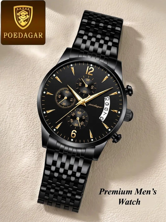 Men's Business Fashion Watch - Black Stainless Steel Strap, 30M Water Resistant, Calendar Quartz with Luminous Dial