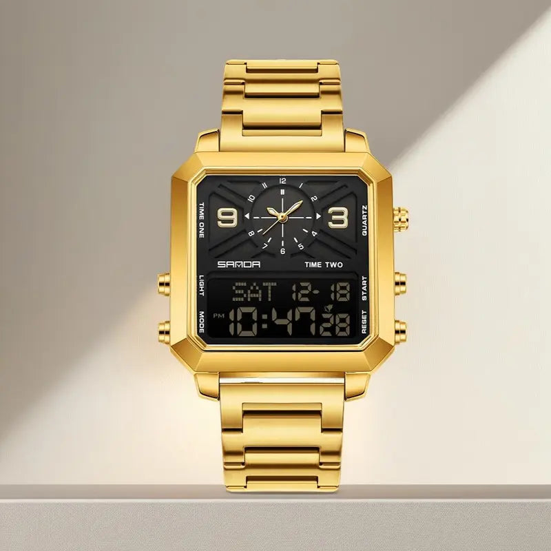 Multifunctional Men's Square Dual-Screen Watch – 3 Time Zones, Stopwatch, Alarm, Countdown, 30M Waterproof, Night Light, Suitable for Sports, Business & Daily Wear