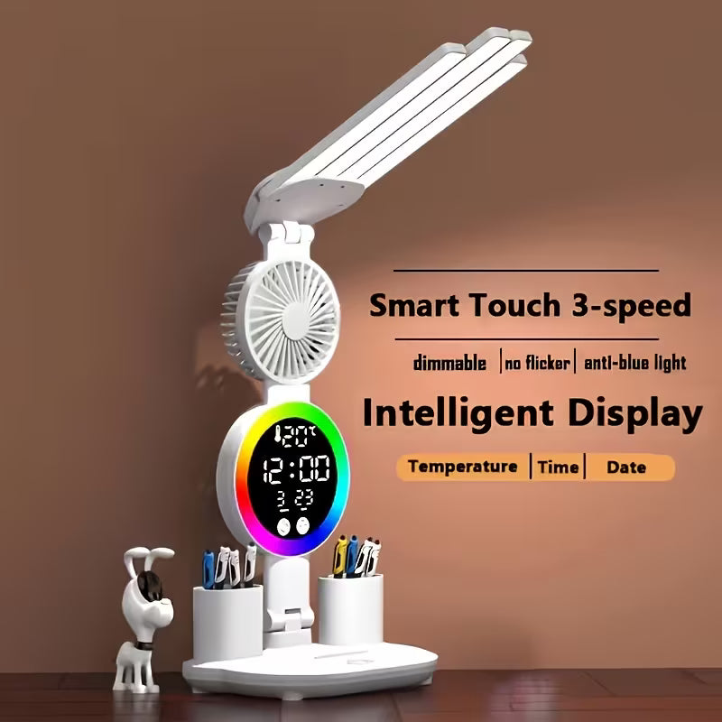 Smart Touch Dual Head Desk Lamp with USB - RGB Color Changing, Dimmable Brightness, Built-in Fan and Night Light