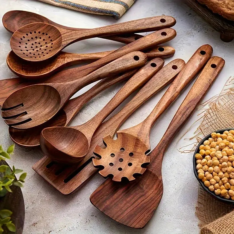 10pcs/set Natural Wood Kitchen Utensil Set, Wooden Cooking Tools with Ergonomic Handles, Heat-Resistant Spoons Pans Spatulas for Induction Cookers