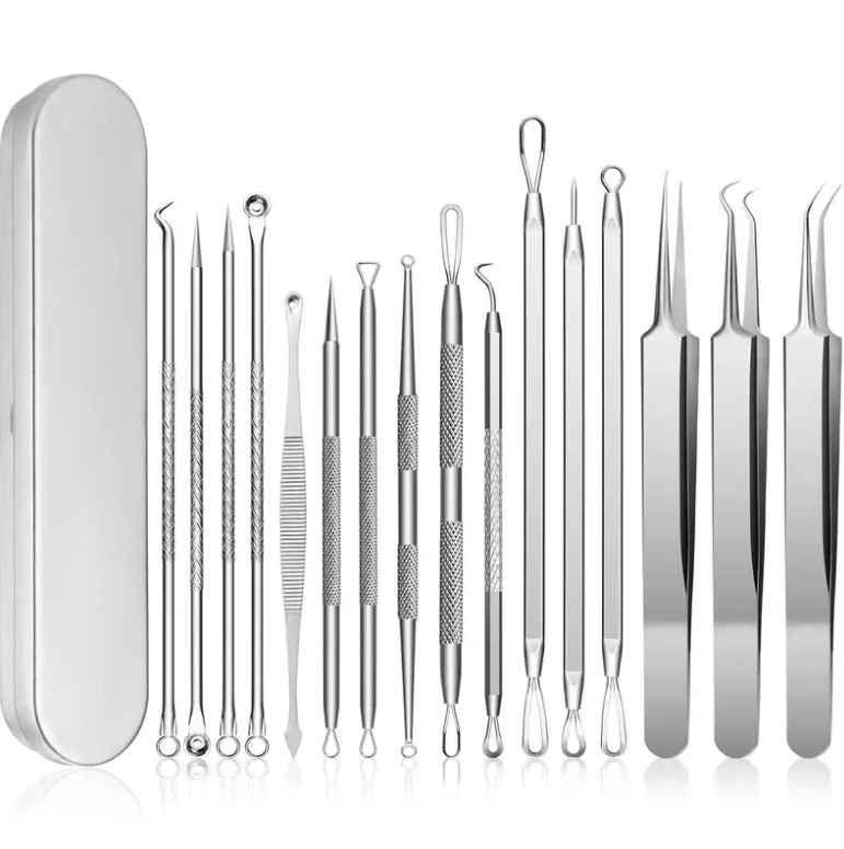 16PCS Stainless Steel Skin Care Tool Set, Pimple Extractor Kit with Metal Storage Box