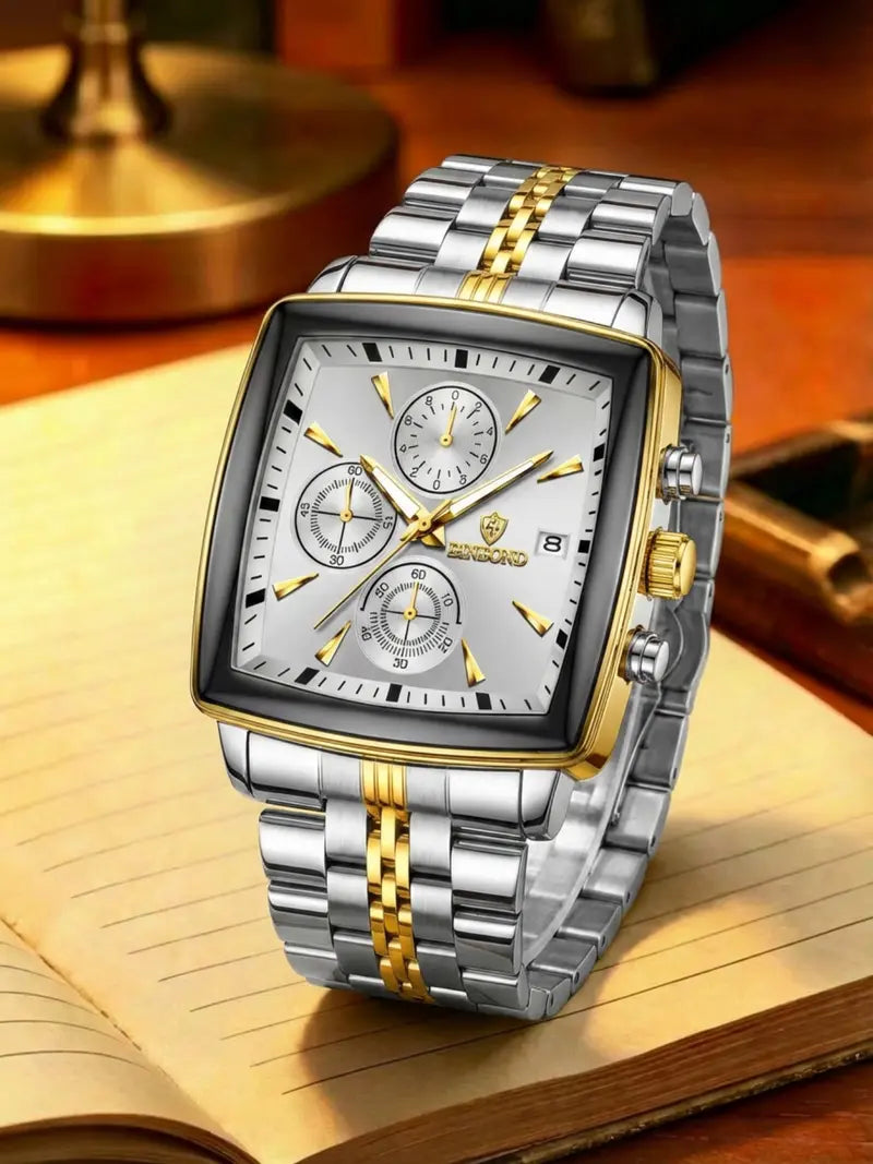 Men's Multifunctional Square Analog Quartz Watch – Stainless Steel Strap, 3-Eye 6-Hand Chronograph Dial, Business Fashion Style