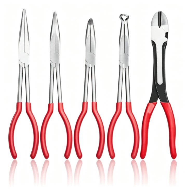 5-Piece 11-Inch Needle Nose Pliers Set - Diagonal Cutting, 45°/90° Bent Nose, Round Nose, Long Nose with Storage Bag