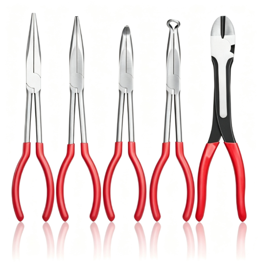 5-Piece 11-Inch Needle Nose Pliers Set - Diagonal Cutting, 45°/90° Bent Nose, Round Nose, Long Nose with Storage Bag