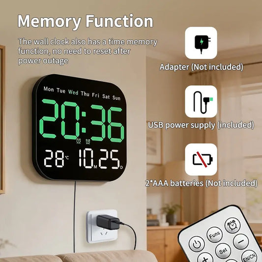 Intelligent Large Screen Digital Living Room Wall Clock with Remote Control, Battery Powered LED Wall Clock with Calendar Time Temperature Display, LED Alarm Clock Digital Clock Decor