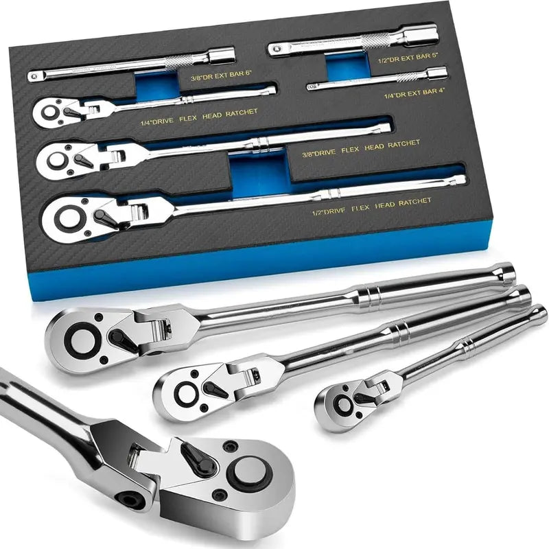 6-Piece Flex Head Ratchet Wrench Set – Chrome Vanadium Steel, 1/4", 3/8", 1/2" Drive with Extension Bars, 72-Tooth, 180° Adjustable Quick-Release, Professional Swivel Head for Tight Spaces