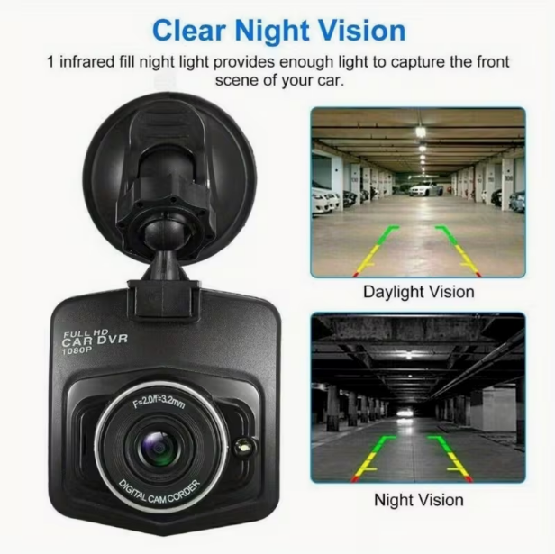 1080P Universal Car Dash Camera with 2.2" LCD – Continuous Recording, 24/7 Parking Surveillance, Motion Sensing, Battery Not Included