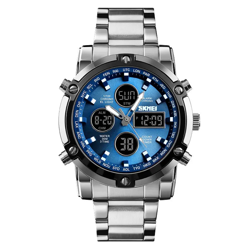 Men's 48mm Round Face Alloy Digital Watch – 30M Waterproof, Stainless Steel Strap, 3 Time Zones, Nightlight, Timer, Calendar, Alarm – Multifunctional Wristwatch