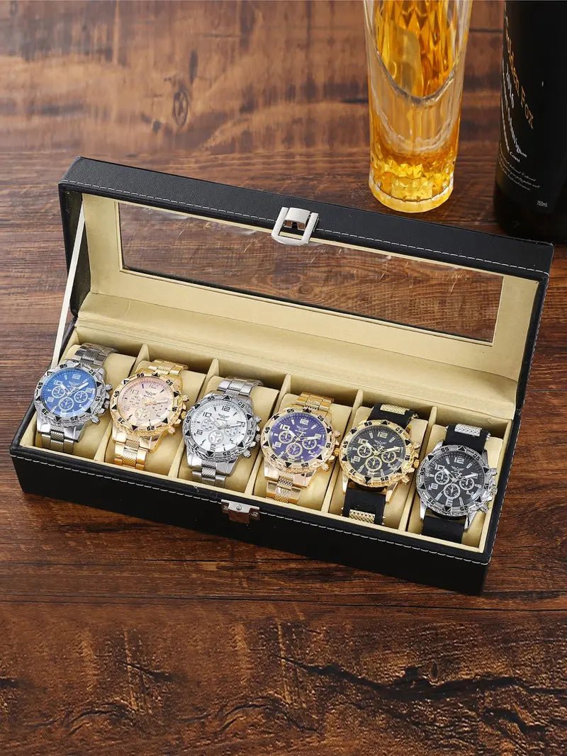 6-Piece Men's Business Round Dial Analog Quartz Watch Set with Box - Fashionable Wristwatch Gift Set for Men, Casual and Formal Wear
