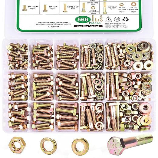 【DealsForYouDays】FOLIV 566Pcs Heavy Duty Bolts and Nuts Assortment Kit, Grade 8 Hex Screws Bolts Nuts Kit, 1/4-20 5/16-18 3/8-16, 15 Common Sizes Included bow go Telescoping Magnetic Christmas & New Year Gift Ideas Hardware