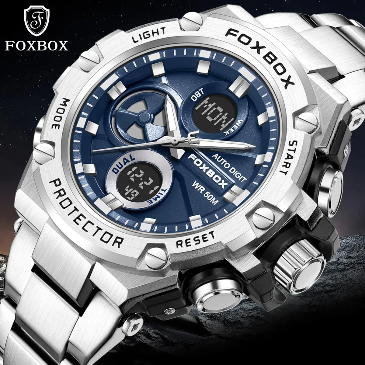 Foxbox Men's Fashion Multifunctional Sports Watch - Water Resistant Alloy Case, Stainless Steel Strap, Electronic Quartz