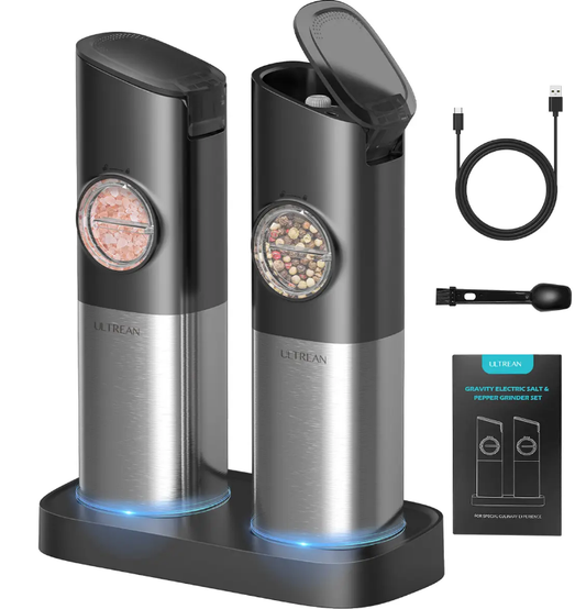 Electric Salt & Pepper Grinder Set, 2Pcs Rechargeable Adjustable Stainless Steel Grinder with Dust Lid & LED Light, One-Hand Operation Kitchen Utensils