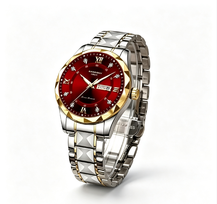 Unisex Stainless Steel Quartz Watch – Rhinestone & Roman Numeral Dial, Day/Date & Dual Display, Luminous, Waterproof, Trendy Fashion Watch
