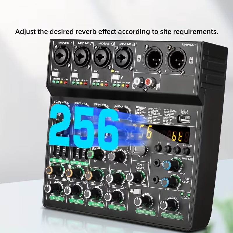 6-Channel USB Audio Mixer – 256 Reverb Effects, Professional for Music & Recording