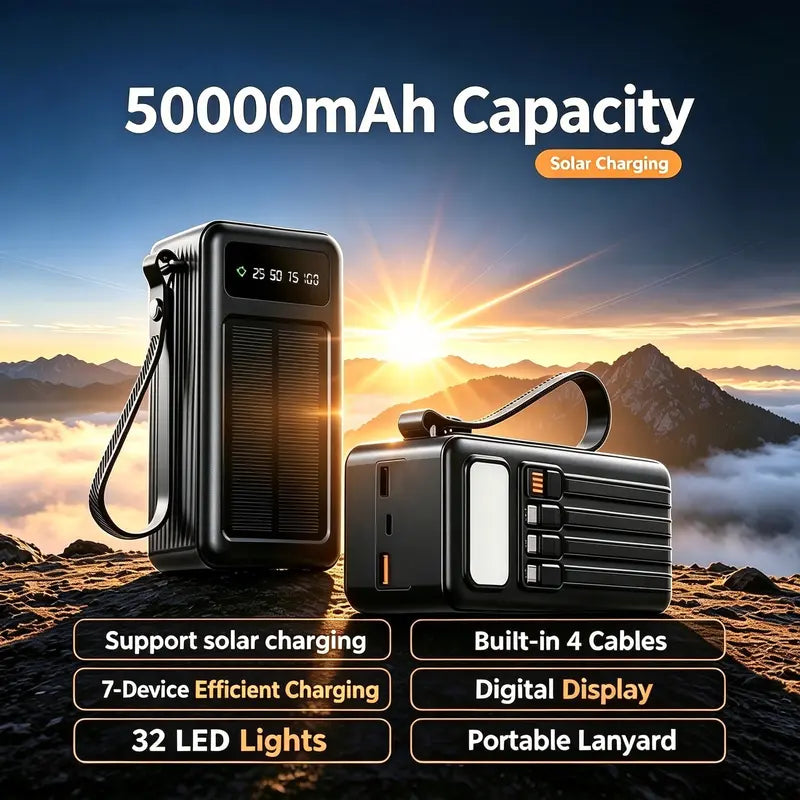 50000mAh Large Capacity Power Bank - USB-C Portable Charger with Solar Power, Flashlight and 32 LED Camping Light