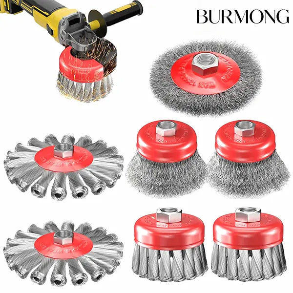 7-Piece Carbon Steel Wire Wheel Brush Set - 3"-4" Knotted and Crimped Cup Brushes, M14 Threaded Arbor for Angle Grinders