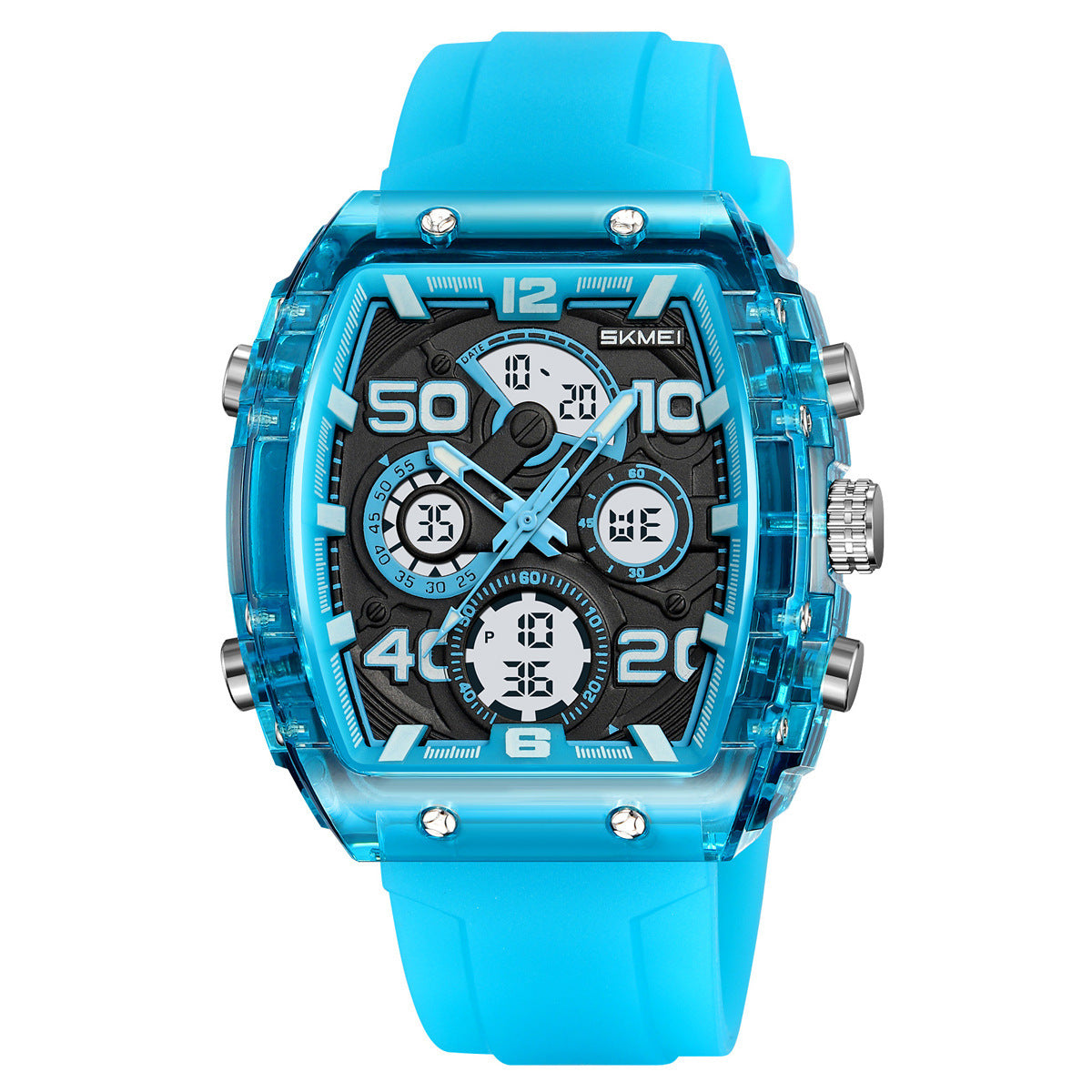 Unisex Ana-Digi Sport Watch – Tonneau Case, Silicone Band, 3 Time Zones, Stopwatch, Alarm, Countdown, LED Backlight, 5ATM Waterproof, Lightweight 61.1g – Ideal for Study, Workout & Everyday Wear