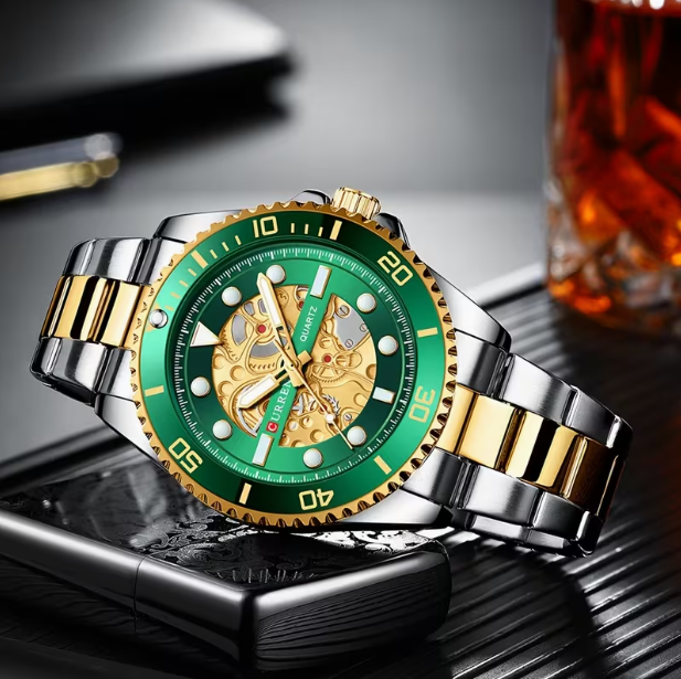 Men's Green Stainless Steel Quartz Watch – Unique Design, Fashion Trend, Versatile Daily Wear