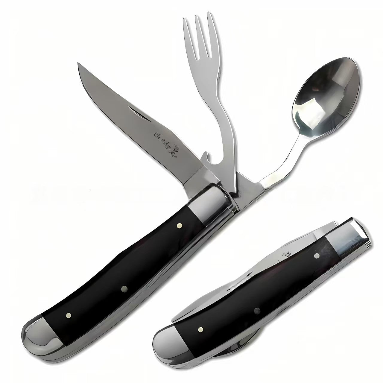 4-in-1 Pocket Multi-Tool – Knife, Fork, Spoon & Bottle Opener with Wood Handle, Ideal for Camping, Hunting & Survival