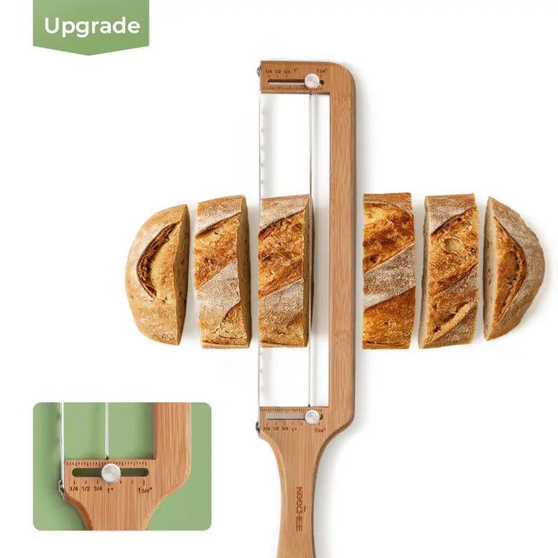 Adjustable Bread Cutter with Scale – Smooth Serrated Steel Blade, Bamboo Handle, Multi-Functional Kitchen Cutting Utensil & Gadget