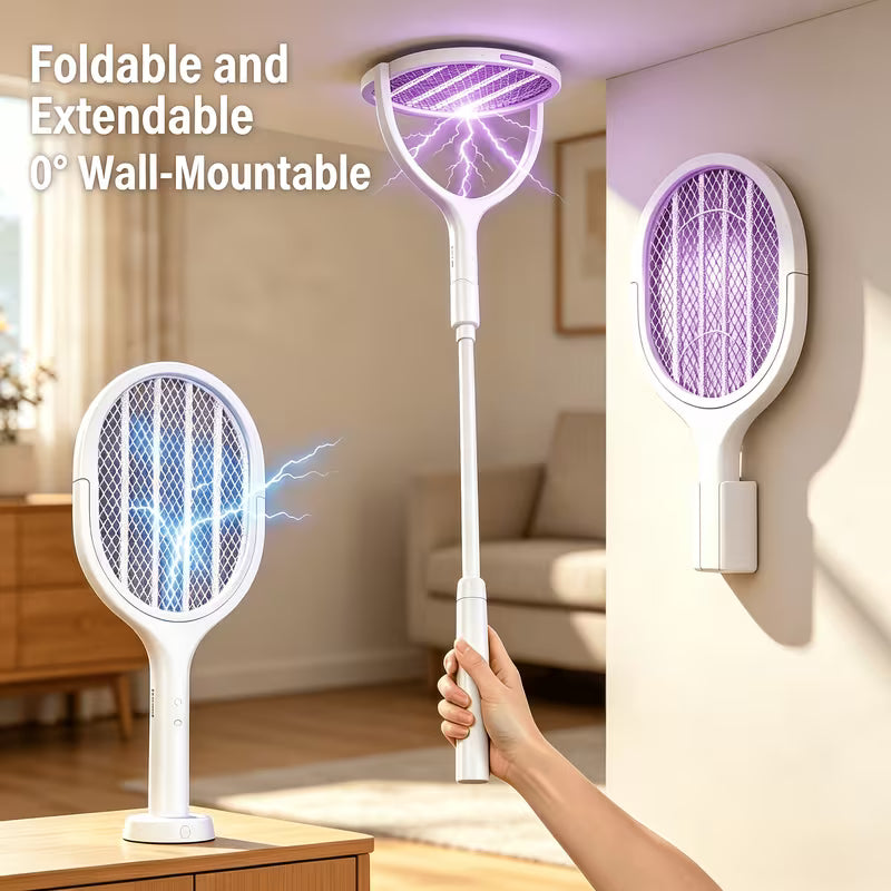 6-in-1 Electric Mosquito Swatter – Telescopic, 90° Rotating Grid, USB Rechargeable, UV Attraction