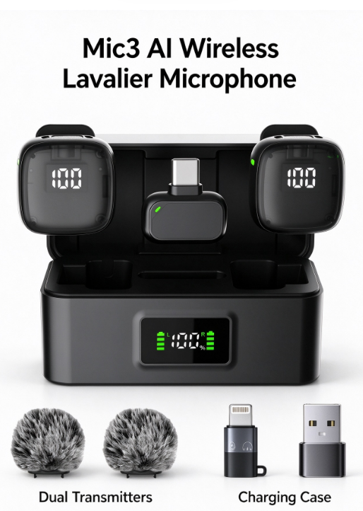 Mic3 AI Wireless Lavalier Microphone – Bluetooth, Noise Cancelling, Clip-On for Video & Streaming