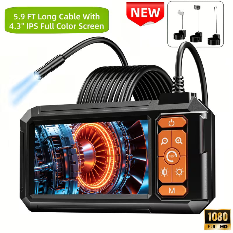 Endoscope Inspection Camera – 4.3" IPS Screen, 1080P HD, 8 LED Lights for Pipe & Repair Inspections