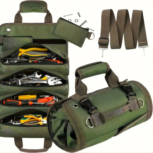 Portable Tool Roll Bag for Electricians & Mechanics – 4 Compartments, 2 Detachable Tool Bags – Heavy Duty Carpenter Tool Belt – Green Practical Organization