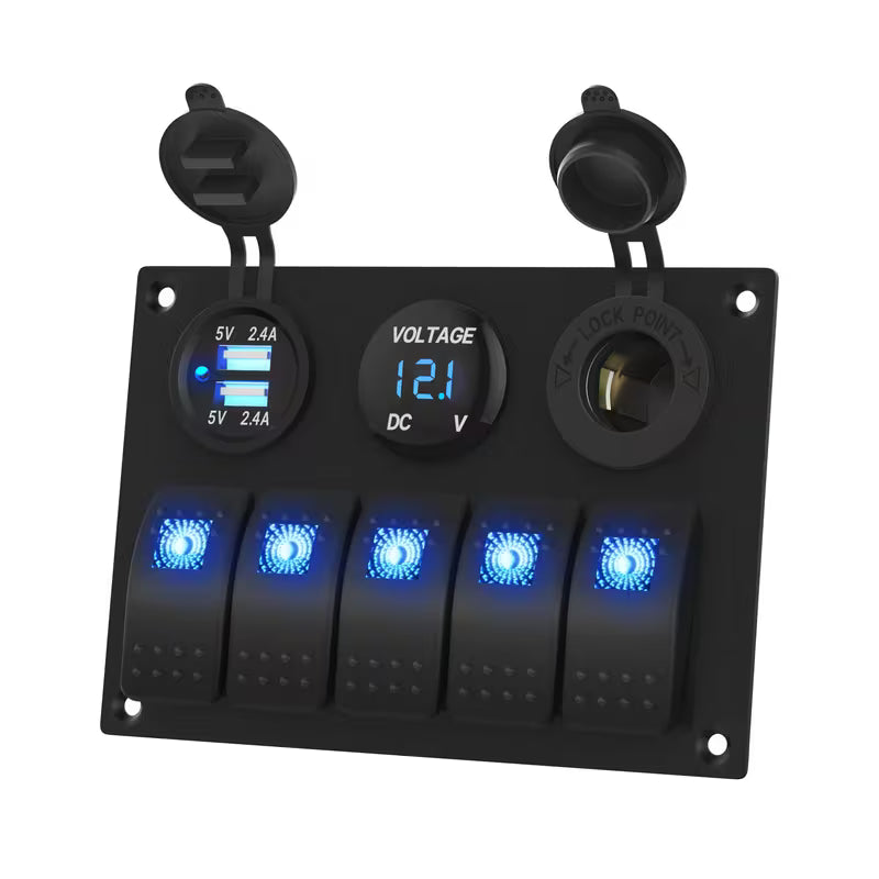 12V 5-Gang Rocker Switch Panel – Blue LED, Dual USB 4.8A, Car Plug & Voltmeter (Battery Not Included)