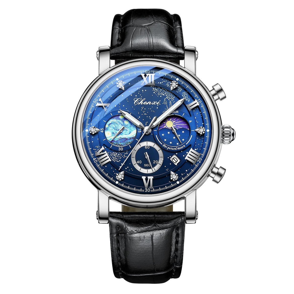 Sun Moon Star Multifunctional Men's Quartz Watch – Calendar, Chronograph, PU Leather Strap, Casual Style