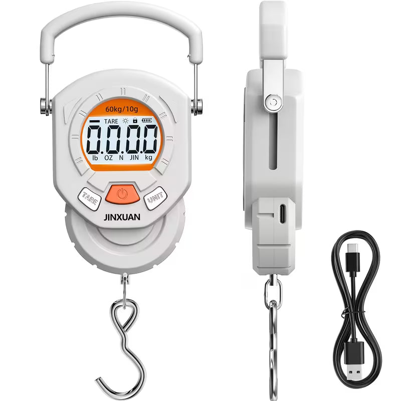 60Kg Digital Hanging Scale – Type-C Rechargeable, Foldable Steel Hook, Backlit LCD for Luggage & Fishing