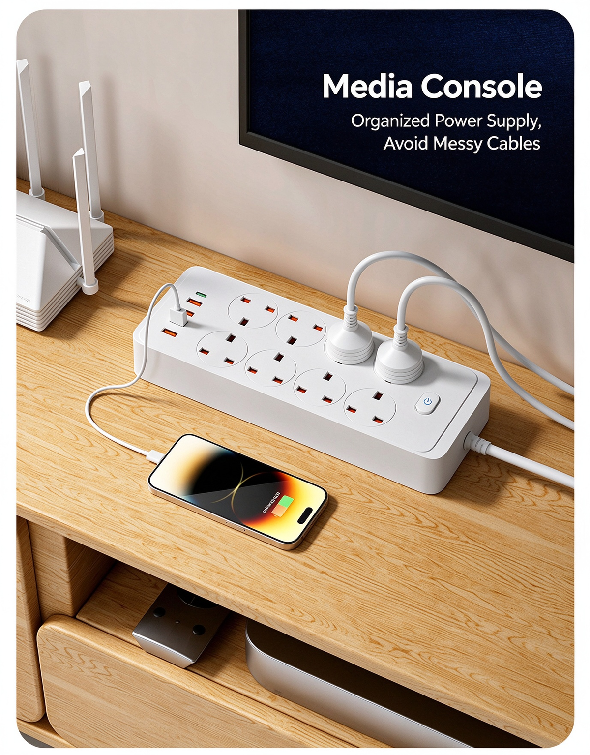 Multifunctional smart switch power strip with overload protection, UK standard, USB + Type-C charging ports