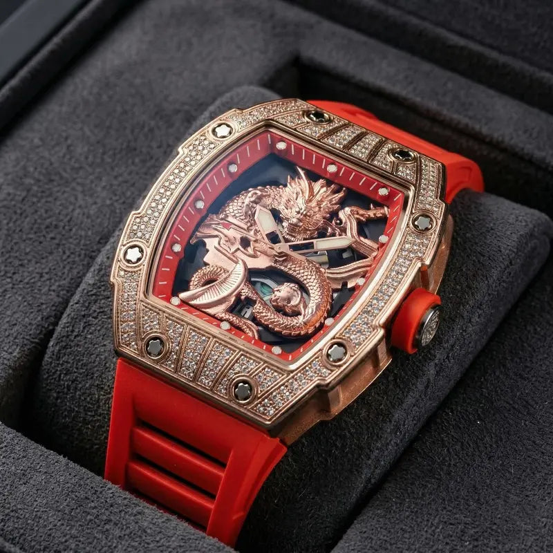 Men’s Gold Dragon Watch Series – Barrel-Shaped Luxury Embossed Design, Adorned with Rhinestones, 3D Gold Relief Patterns, Water-Resistant for Any Occasion