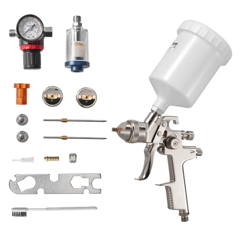 Air Spray Gun with 3 Nozzles (1.3/1.4/1.7mm) - 600ml Gravity Feed Paint Sprayer with Air Regulator for Car, Furniture and Home Improvement