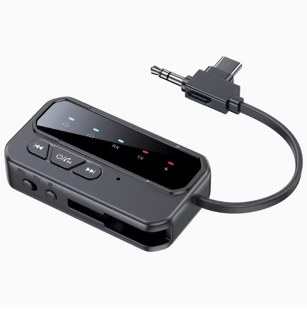 Bluetooth 5.4 Intelligent Audio Adapter – 2-in-1 Transmitter & Receiver, Type-C, Long Battery Life, LED Display, Low Latency, Dual Device Connection, 3-in-1 Data Cable, Grooved Handle, Ultra-Portable