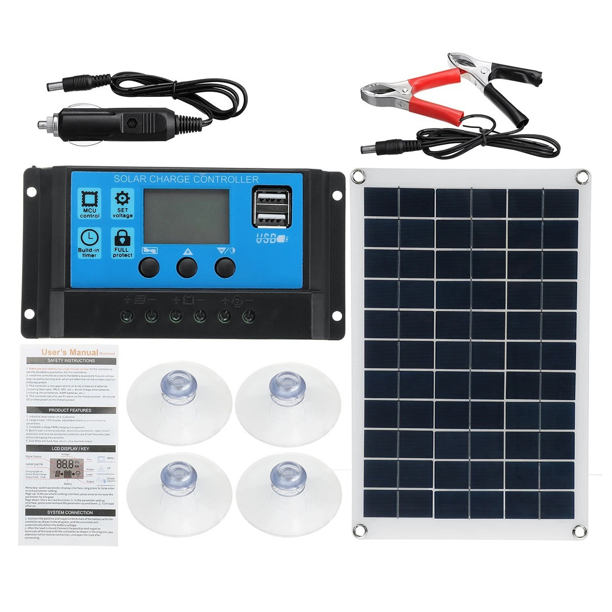 15W Polycrystalline Solar Panel Kit with Dual USB - for Car and Outdoor Use (Charge Controller Not Included)