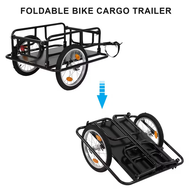 Foldable Bike Cargo Trailer with Universal Hitch - 16" Wheels and Reflectors, Large Loading Bicycle Wagon Storage Cart