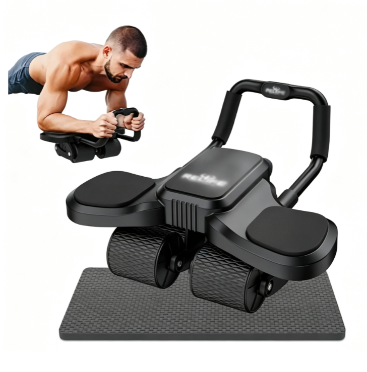 4-Wheel Ab Roller with Automatic Rebound - Adjustable Foam Elbow Support and Phone Holder for Home Gym Core Training