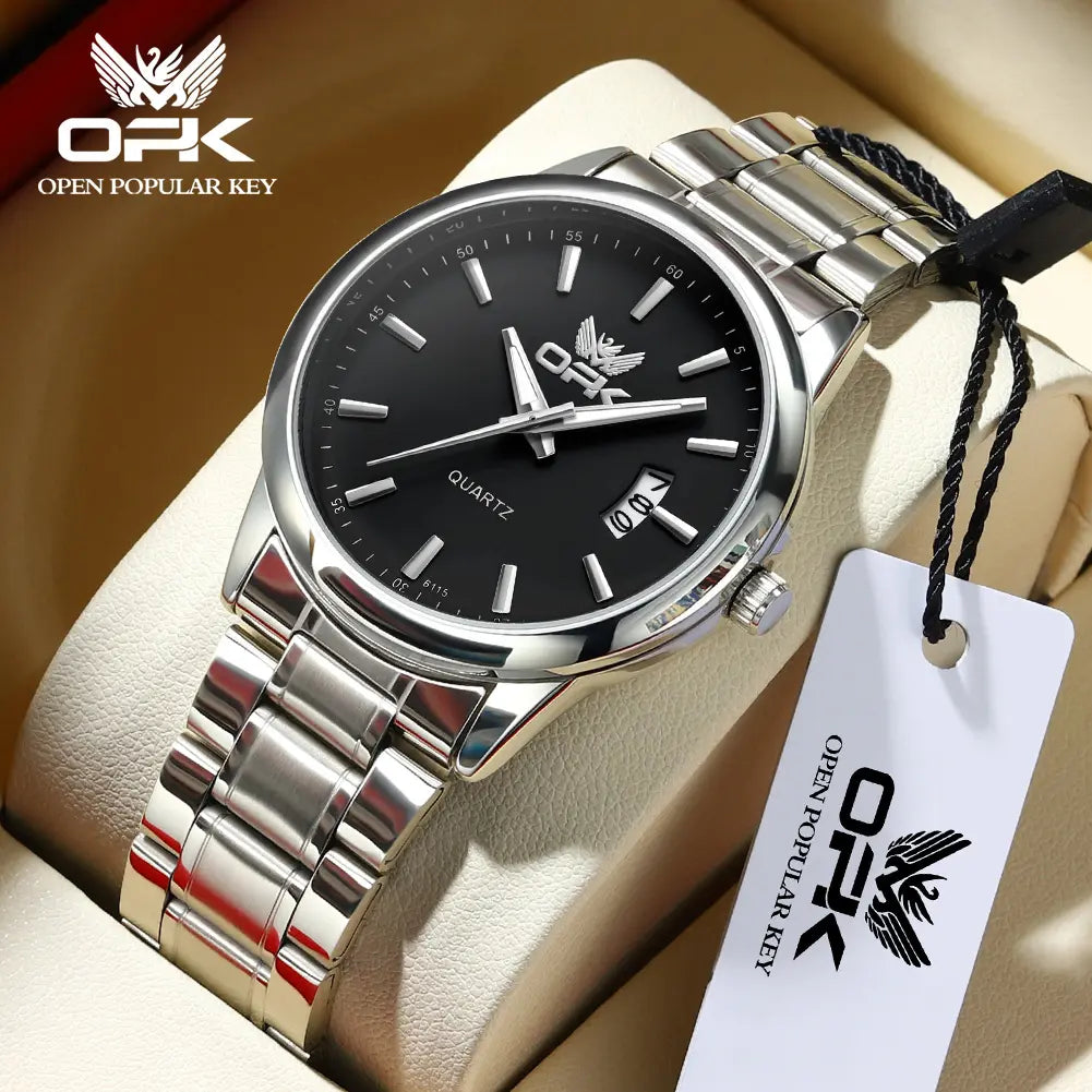 OPK Men's Stainless Steel Quartz Watch - Water Resistant, Black and White Wristwatch